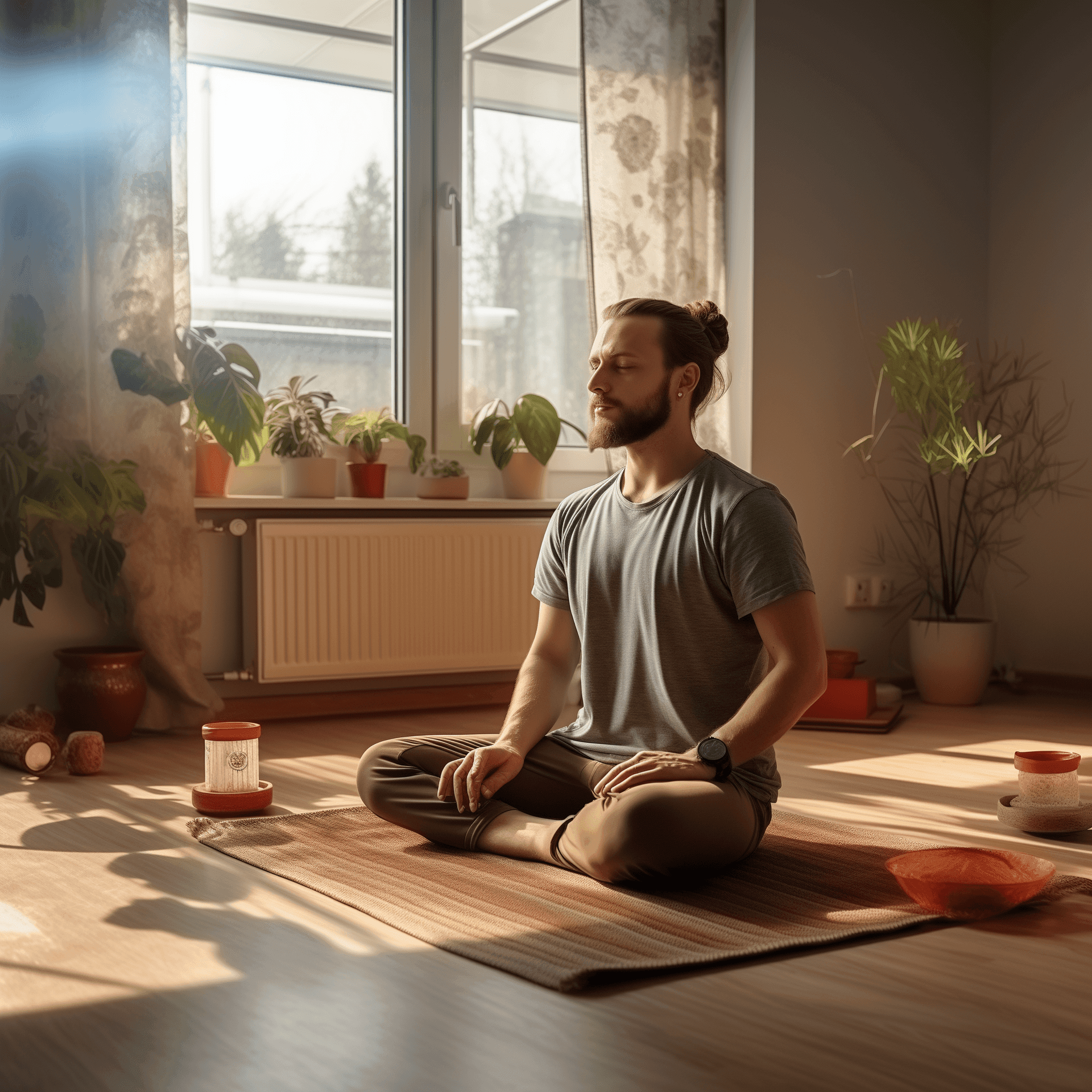 Man practising Yoga at home